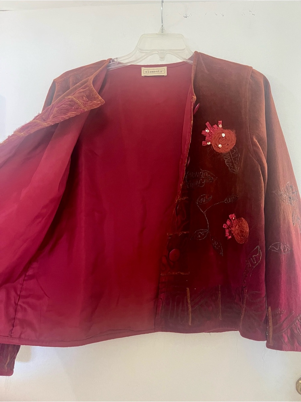Elementz Red Velvet Embroidered Button Jacket - Picture 2 of 5